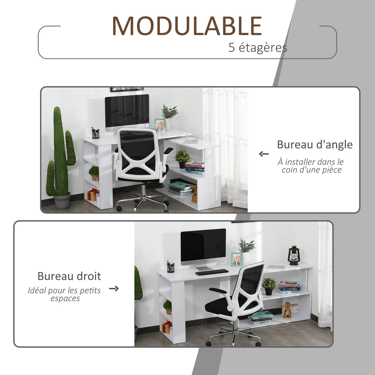 Scrivania angolare tavolo da pranzo con contenitore scrivania per computer modulare libreria integrata + scaffale a 3 livelli bianco
