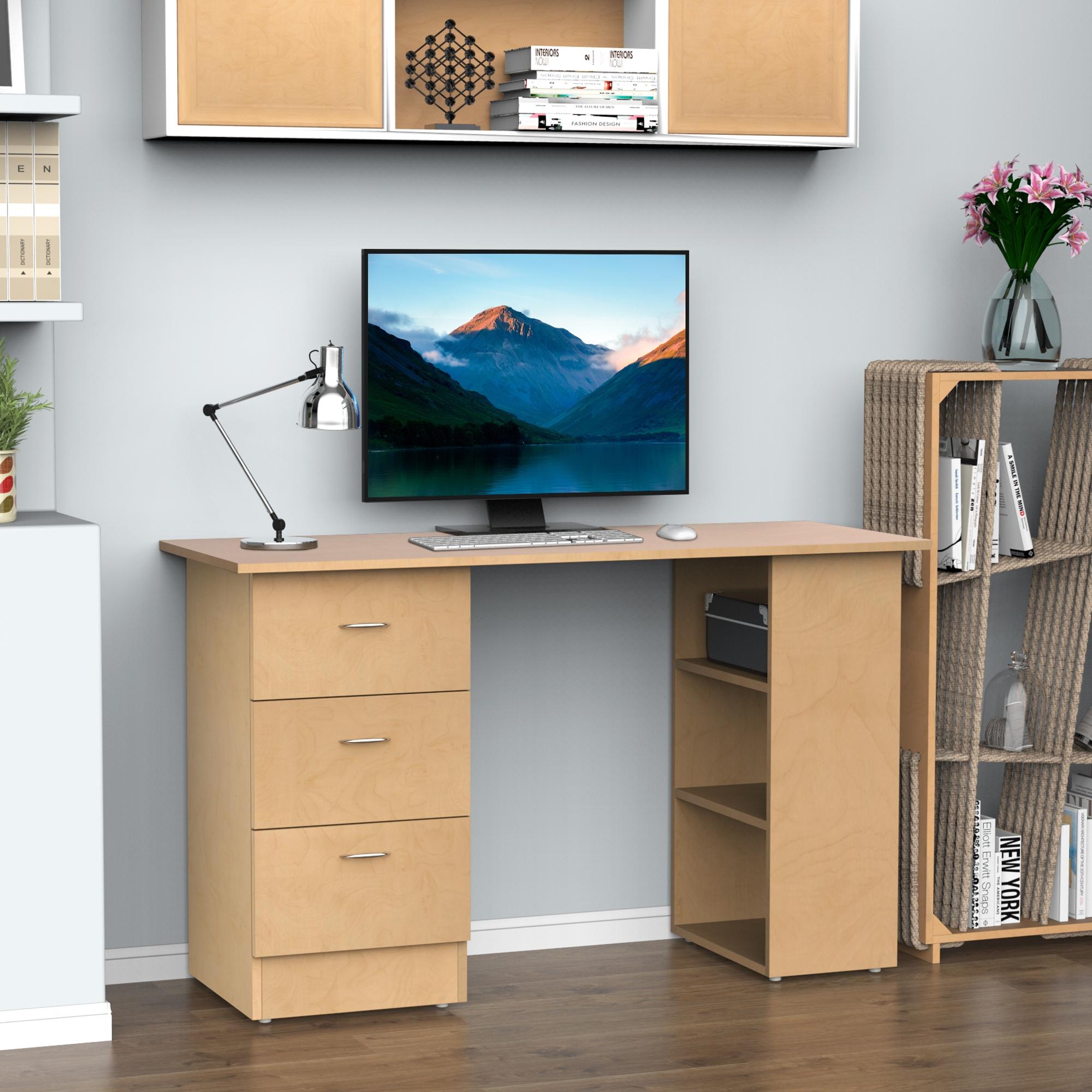 Bureau d'ordinateur avec 3 tiroirs et 3 étagères ouvertes, 120x49x72cm, bureau avec rangement réversible, style moderne, table informatique pour chambre, petit espace, télétravail, bois clair