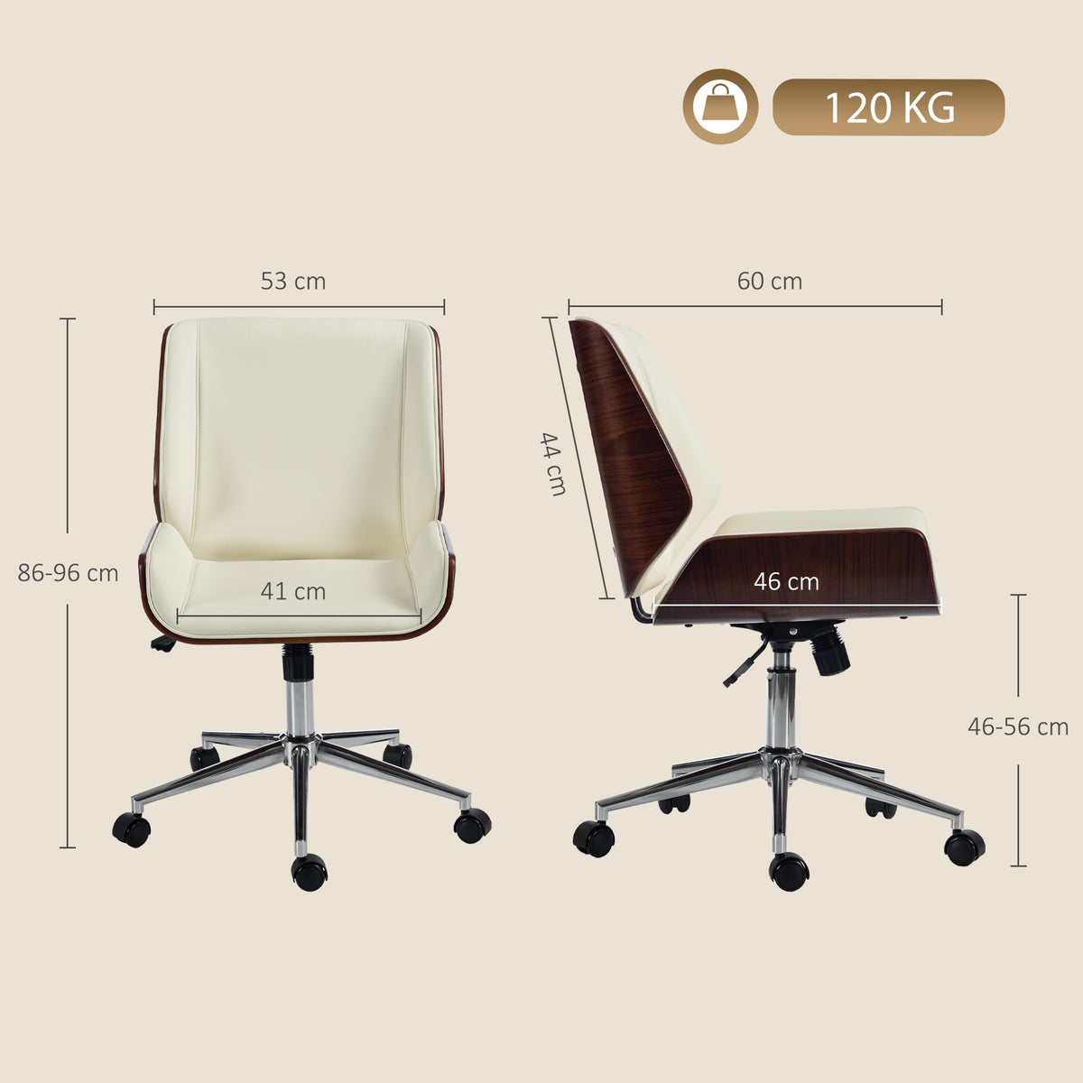 Chaise de Bureau Design Vintage, Hauteur Réglable, Pivotant 360°, Piètement Chromé, 53 x 60 x 86-96 cm, Crème