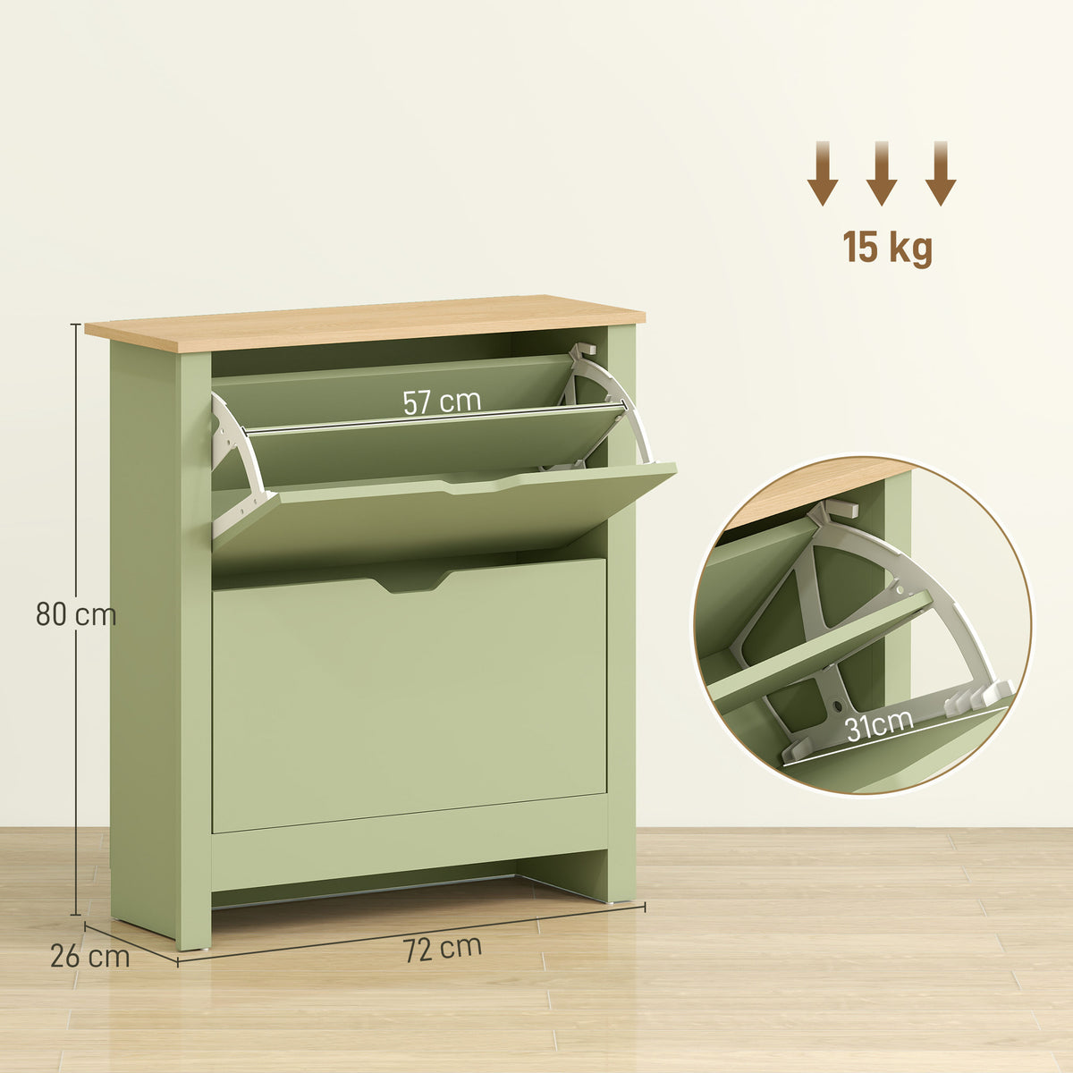 Meuble à chaussures 12 paires, armoire à chaussures étroite avec 2 tiroirs rabattables et étagères réglables, vert