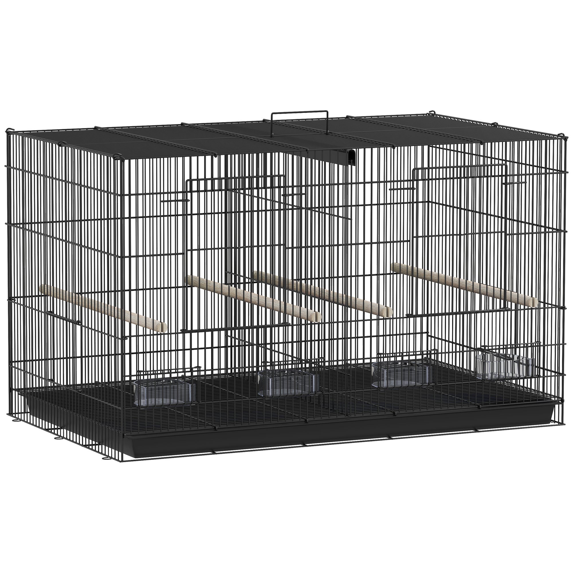 Binnenvolière vogelkooi van staal met scheidingswand, 4 zitstokken, uitschuifbare lade en 4 voerbakjes, 76 x 46 x 46 cm, zwart