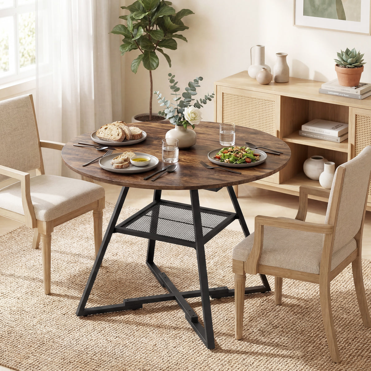 Table à manger ronde pour 4 personnes, Ø 100 x 76 cm, table de cuisine avec large plateau et étagère, brun rustique