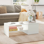 Table basse rectangulaire, table d'appoint plateau coulissant, rangement caché, étagère ouverte, 110 x 52 x 36 cm, blanc