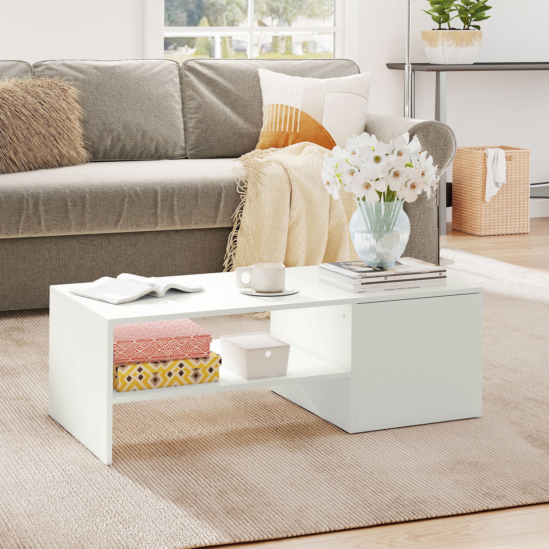 Table basse rectangulaire, table d'appoint plateau coulissant, rangement caché, étagère ouverte, 110 x 52 x 36 cm, blanc