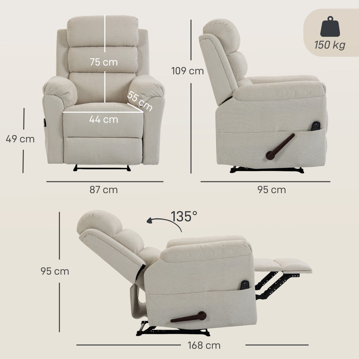 Fauteuil Inclinable de Massage et Chauffage, Fauteuil de Relaxation, Appuie-tête Réglable Poches Latérales, Crème