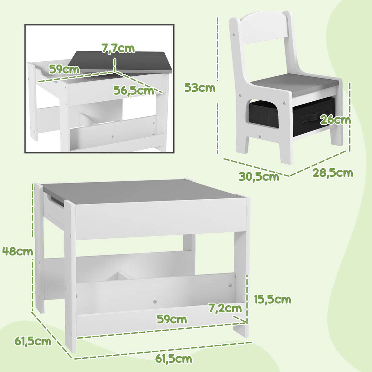 Ensemble 3 pièces table et 2 chaises pour enfant avec plateau réversible tableau noir, panier de rangement, étagères