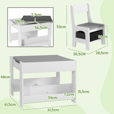 Ensemble 3 pièces table et 2 chaises pour enfant avec plateau réversible tableau noir, panier de rangement, étagères