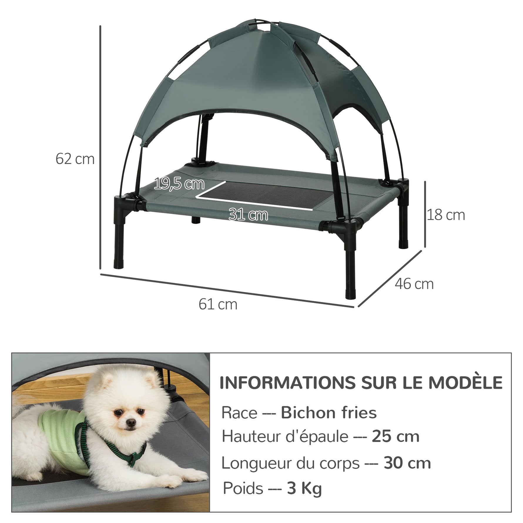 Lit chien sureleve avec parasol, lit de camp chien chat sur pieds tissu Oxford respirant, anti-UV cadre en métal sac de transport inclus couchage extérieur pour chat 161 x 46 x 61 cm gris noir