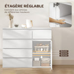 Commode 5 tiroirs, buffet salon, meuble de rangement, étagère réglable et porte à fermeture douce, 100x40x80cm, blanc