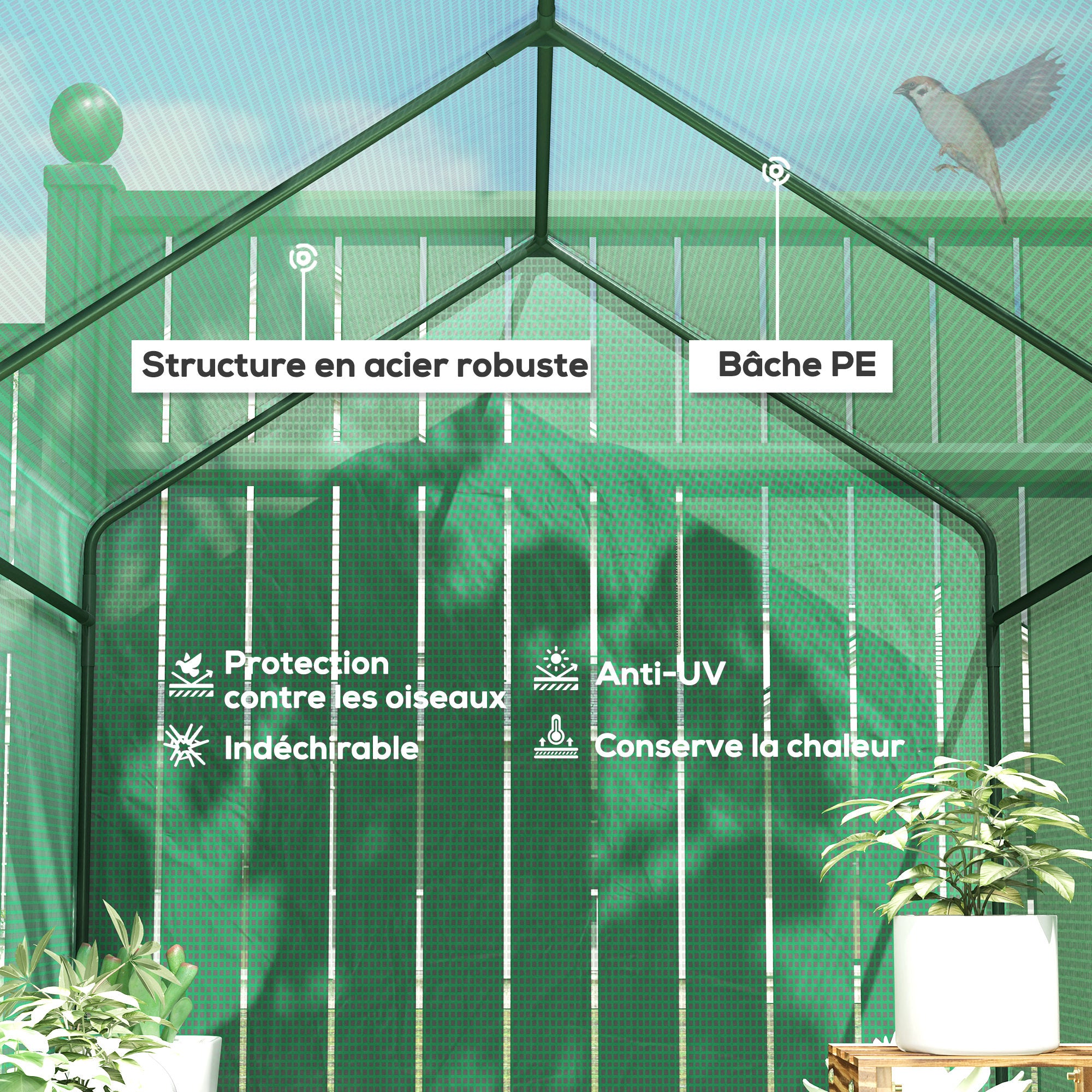 Serre de jardin PE étagère 2 niveaux, serre de balcon, bâche renforcée 140 g/m², châssis en acier, 186x120x190cm, vert