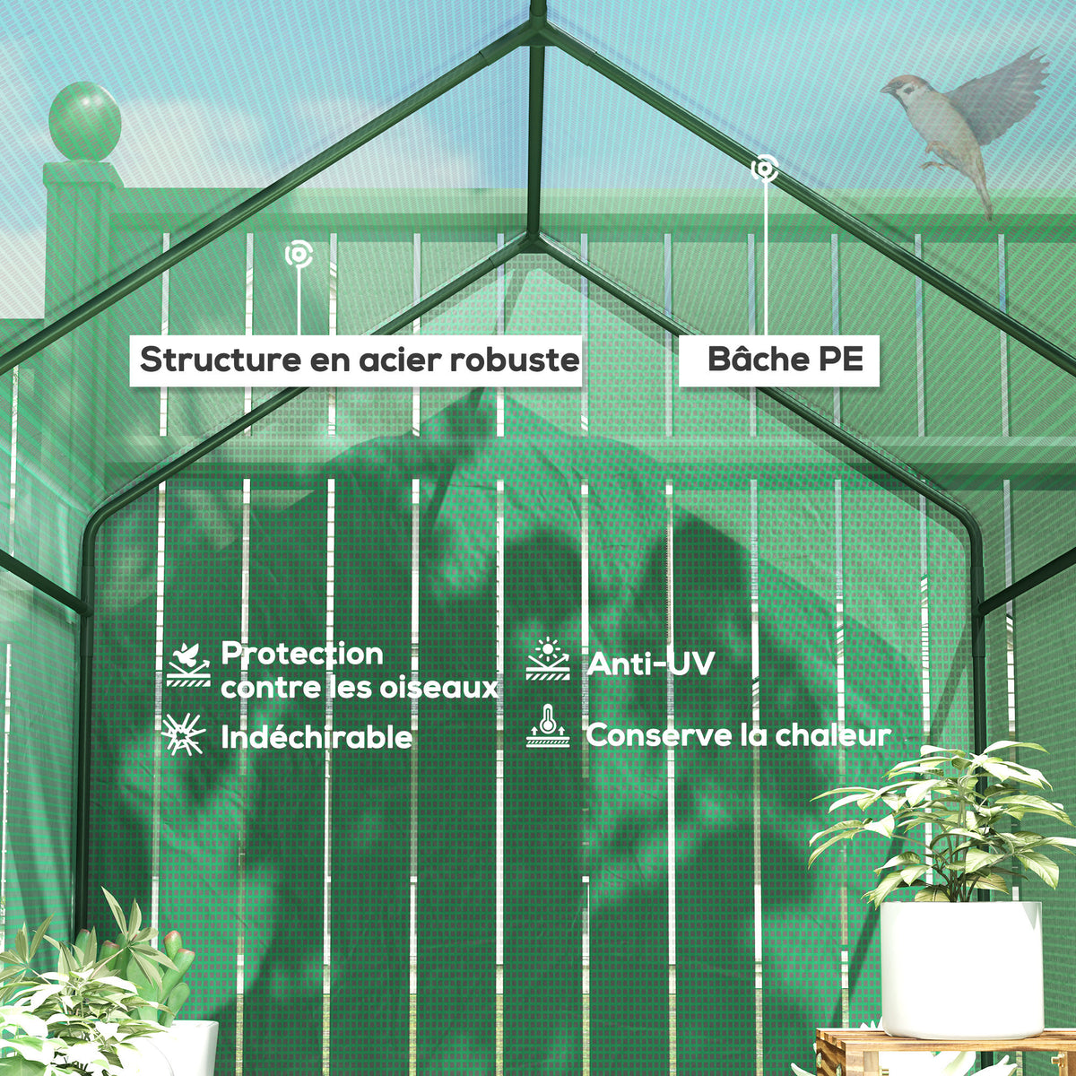 Serre de jardin PE étagère 2 niveaux, serre de balcon, bâche renforcée 140 g/m², châssis en acier, 186x120x190cm, vert