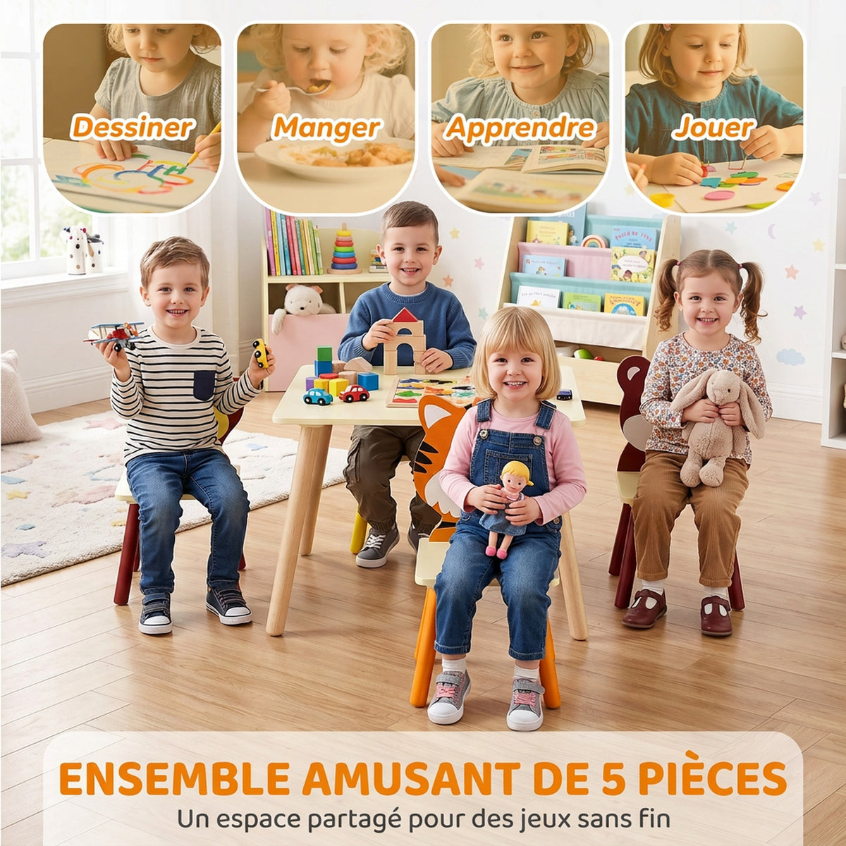Kinderkamertafelset met 4 stoelen, 5-delig houten meubelset, rugleuningen in diervorm, afgeronde hoeken, 3-8 jaar, geel