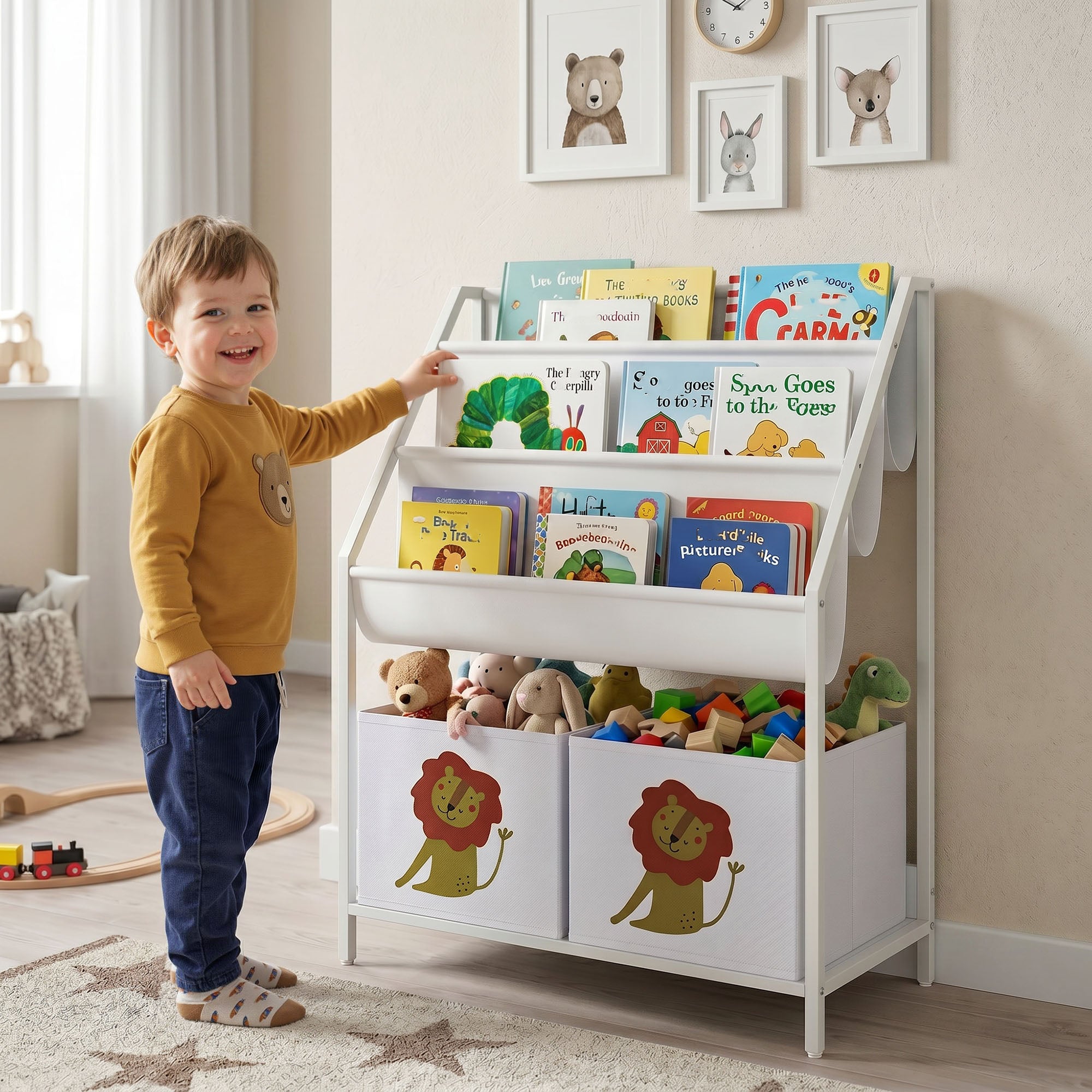 Kinder-Bücherregal mit 4 Ebenen, Bücherregal für Kinder mit Buchfächern und Stoffschublade, Weiß