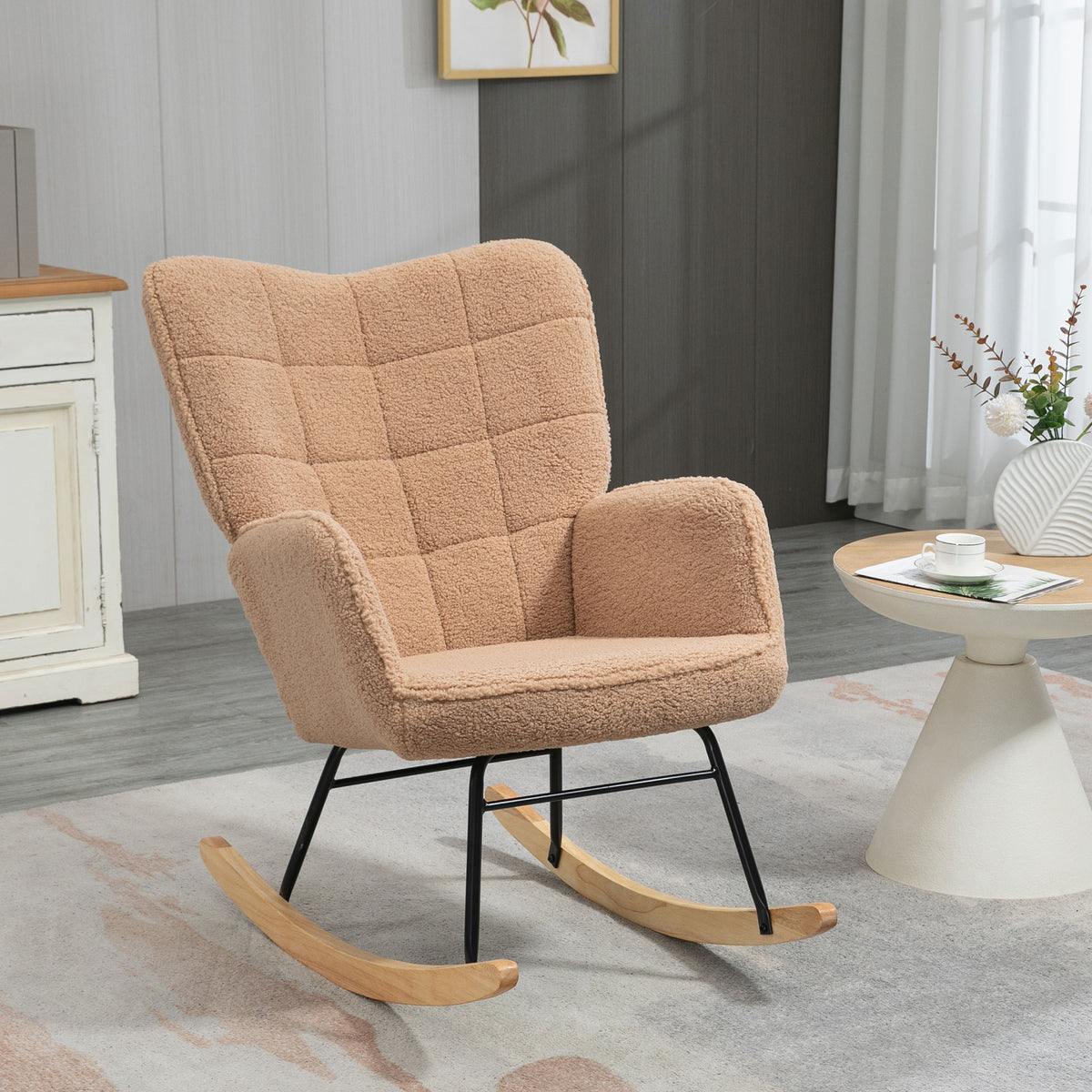 Sillón mecedora con tapizado efecto lana bouclé, estructura de acero 71 x 98 x 101 cm marrón