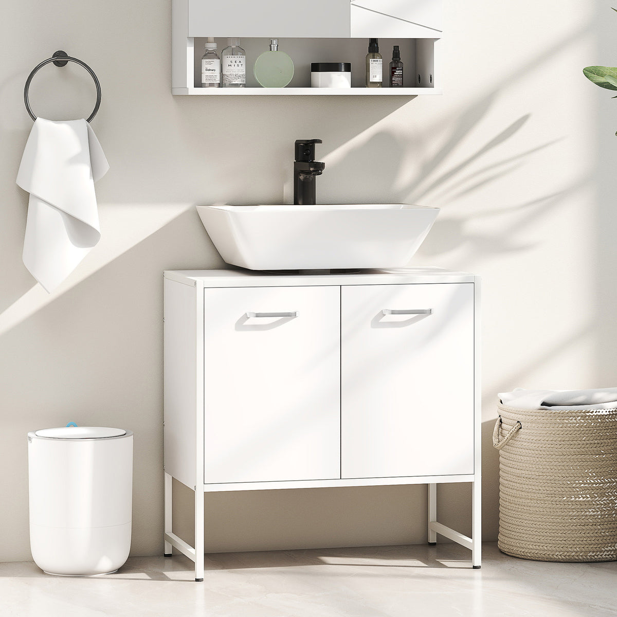 Meuble sous lavabo, meuble de salle de bain avec 2 portes à fermeture douce et étagère réglable, blanc