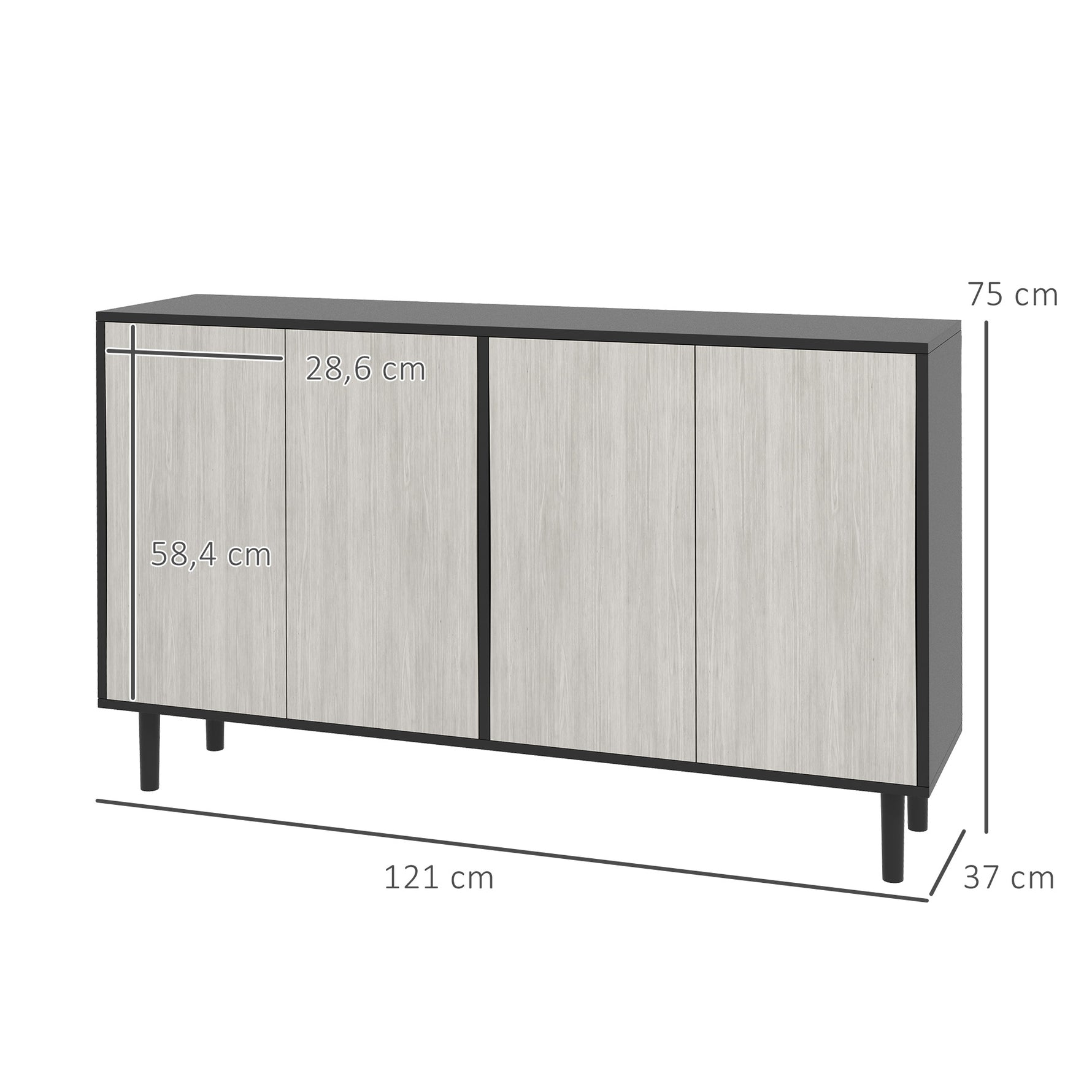 Buffet de cuisine meuble de rangement 2 placards avec étagères réglables, 121 x 37 x 75 cm, noir et aspect bois gris