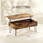 Table Basse Relevable en Bois avec Grand Rangement Caché, Hauteur Réglable, 95 x 50 x 40 cm, Marron Rustique