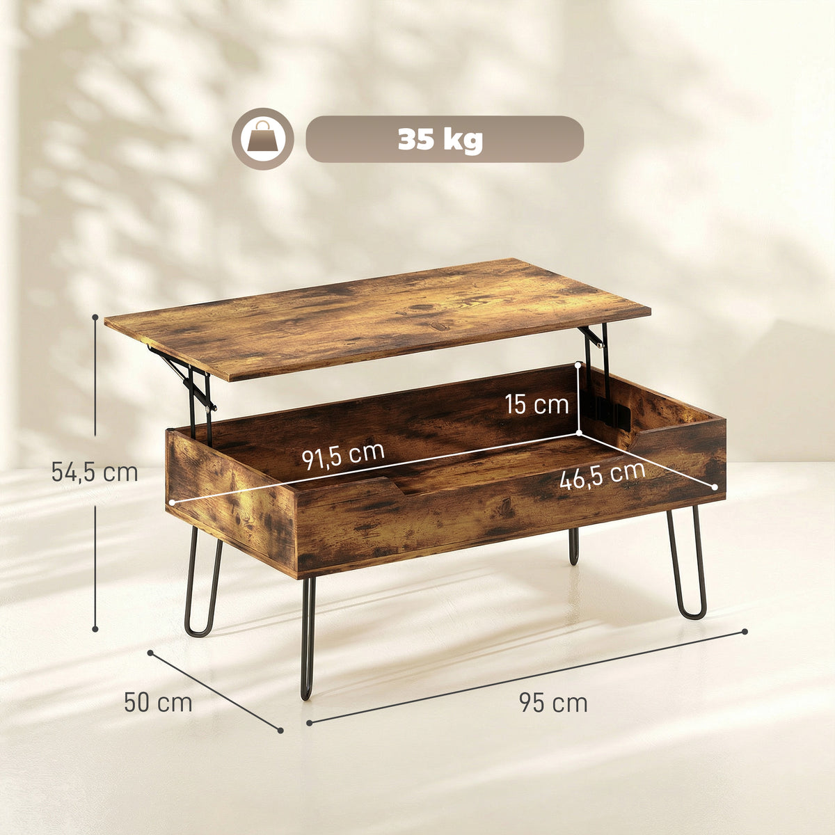 Table Basse Relevable en Bois avec Grand Rangement Caché, Hauteur Réglable, 95 x 50 x 40 cm, Marron Rustique