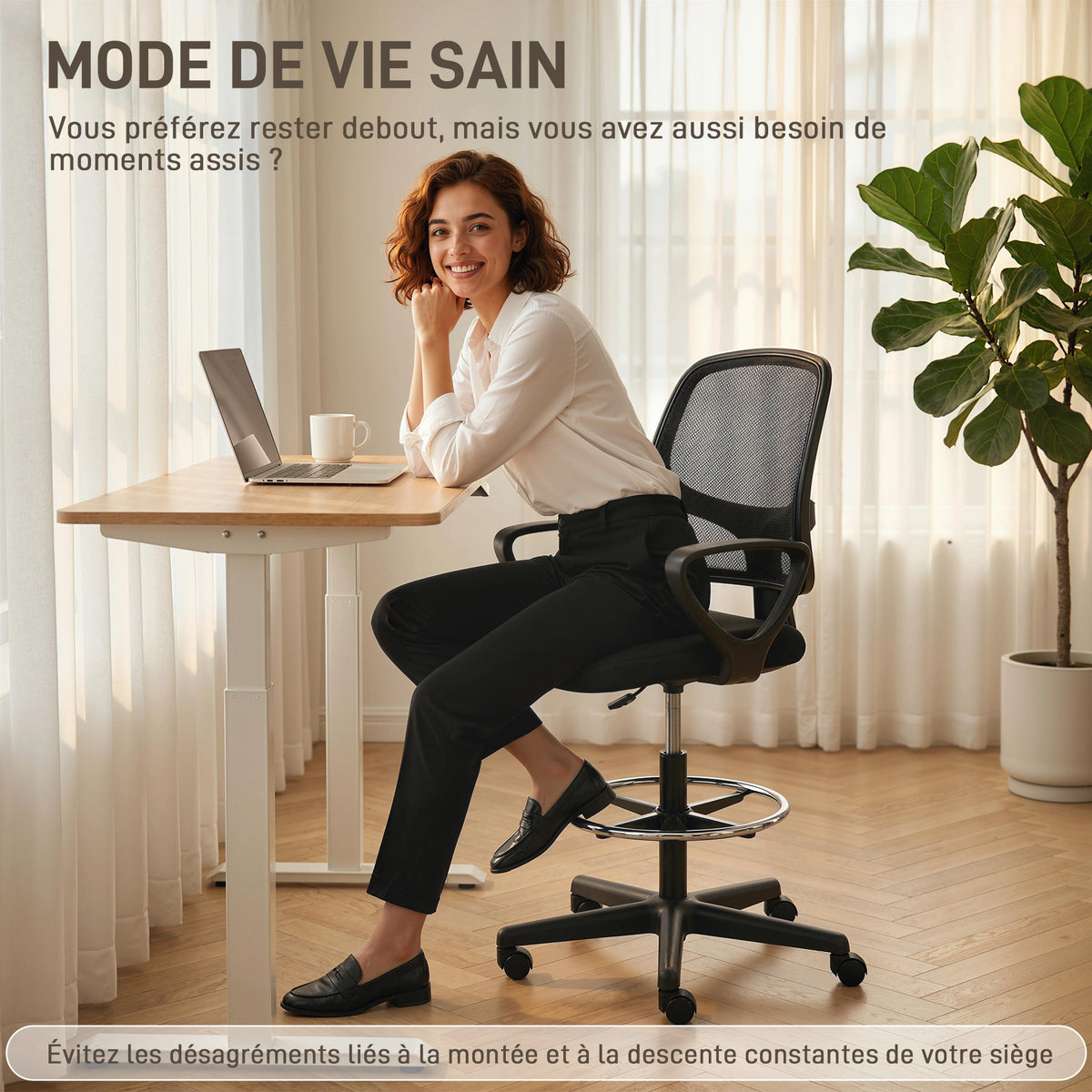 Chaise bureau ergonomique, fauteuil de bureau avec repose-pieds et accoudoirs, hauteur réglable, 59x58x103-123cm, noir