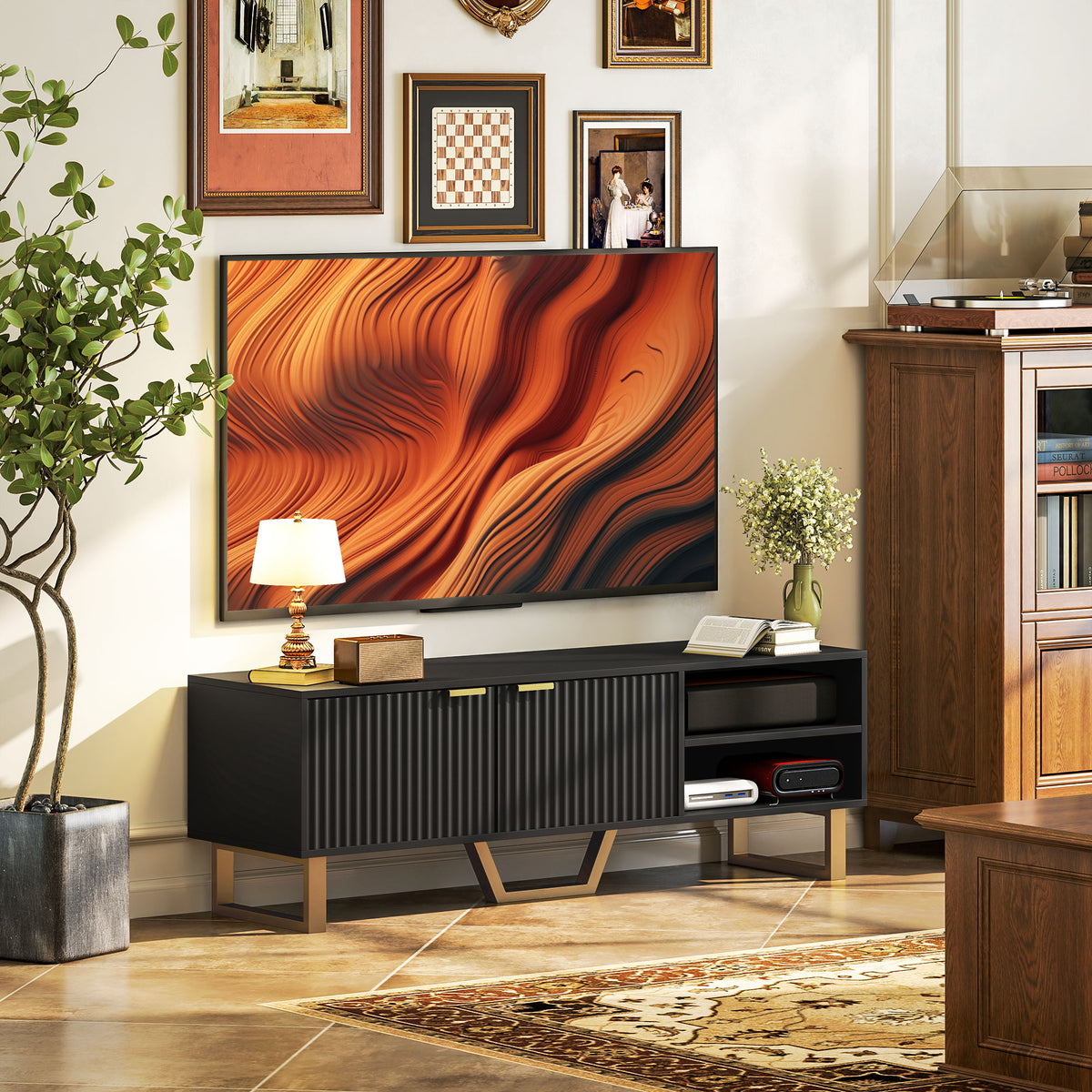 Meuble TV banc TV pour téléviseur jusqu'à 70 pouces - placard à 2 portes cannelées, compartiment ouvert et passe-câbles