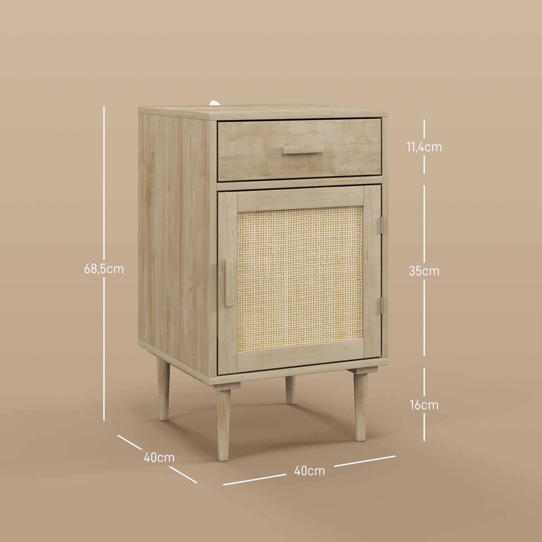 Lot de 2 tables de chevet avec placard et étagère porte rotin tissé 1 tiroir design bohème - 40 x 40 x 68,5 cm naturel