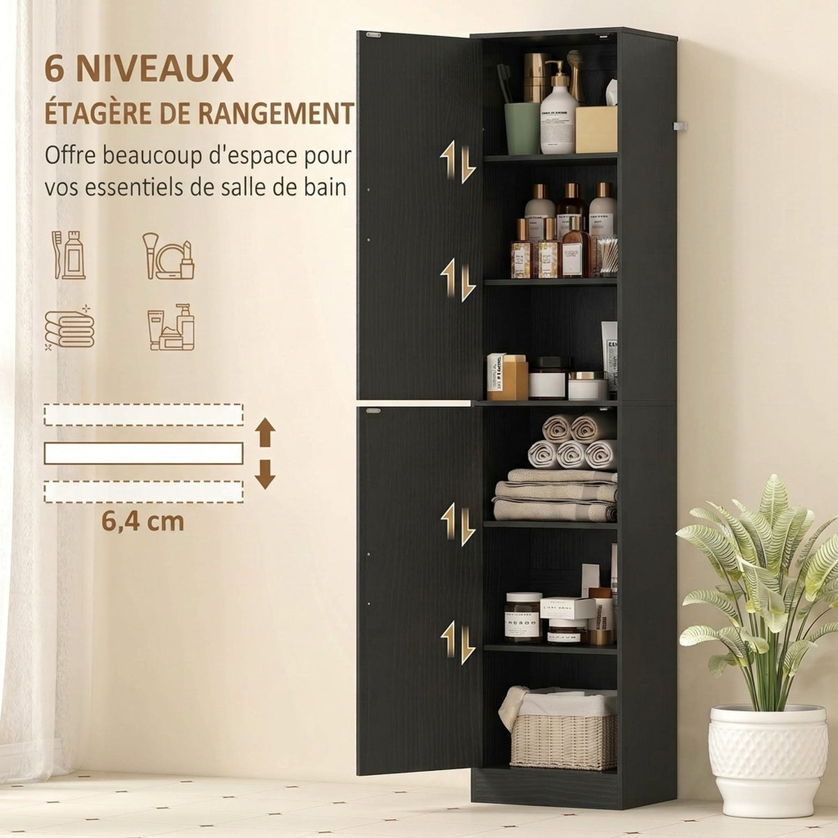 Colonna da bagno a 6 livelli, mobile contenitore stretto, 2 ante e 4 ripiani regolabili, 40x35x180cm, nero