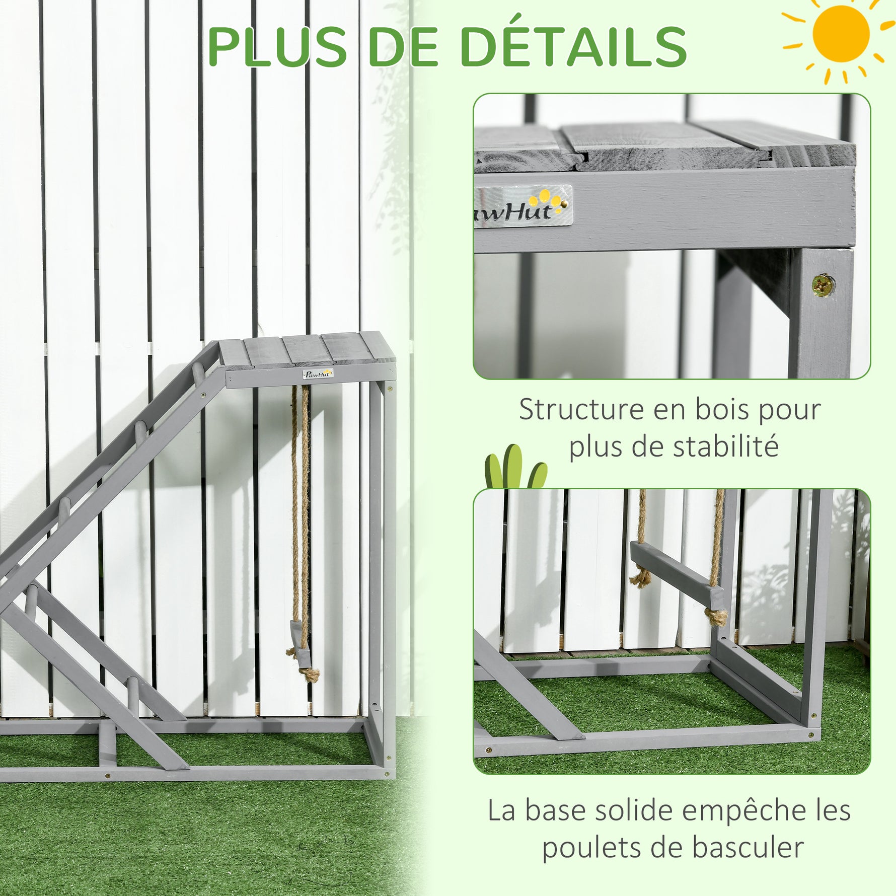 Perchoir en bois pour poule, aire de jeux en bois pour poules avec balançoire, échelle, plateforme, 96 x 40 x 71 cm, gris