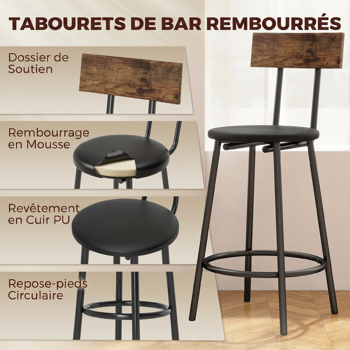 Set tavolo da bar con 2 sgabelli, tavolo alto da cucina e 2 sedie da bar imbottite in PU, poggiapiedi, marrone
