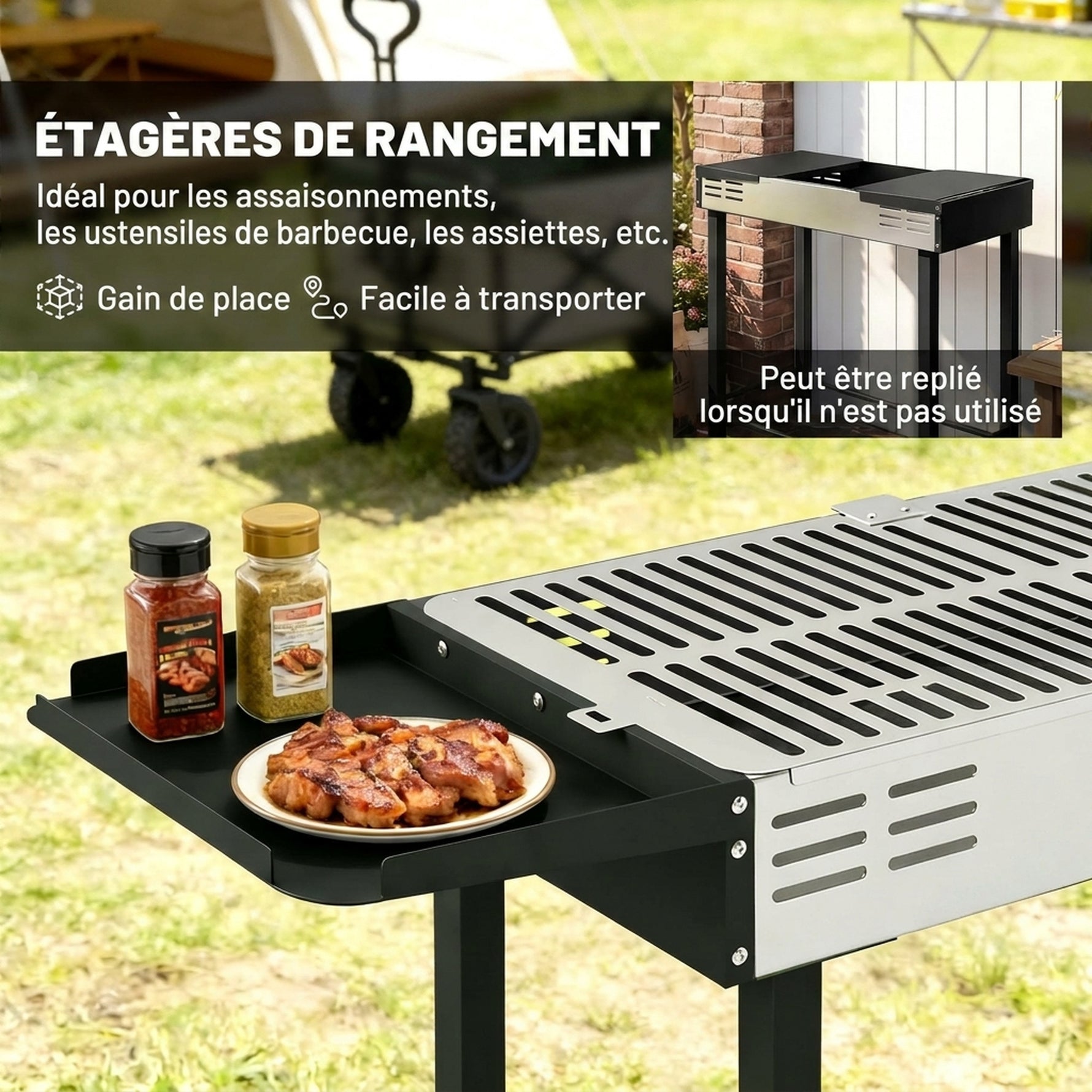 Barbecue charbon de bois BBQ avec grille de gril à 3 niveaux et étagères latérales pliables, 118 x 32 x 90 cm, noir