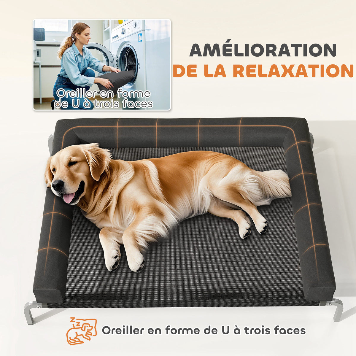 Lit surélevé pour chien rafraichissant, lit de camp pour chiens intérieur extérieur portable, 130 x 90 x 30 cm, noir