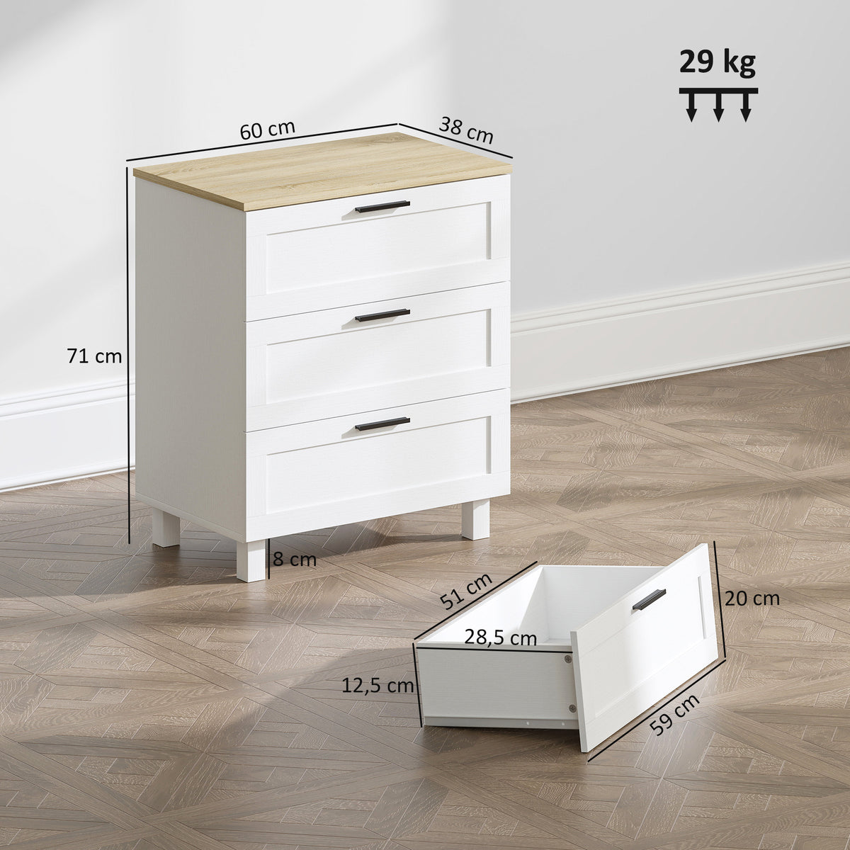 3-drawer dresser, modern storage unit with solid wood legs and wood-effect top, 60 x 38 x 71 cm, white