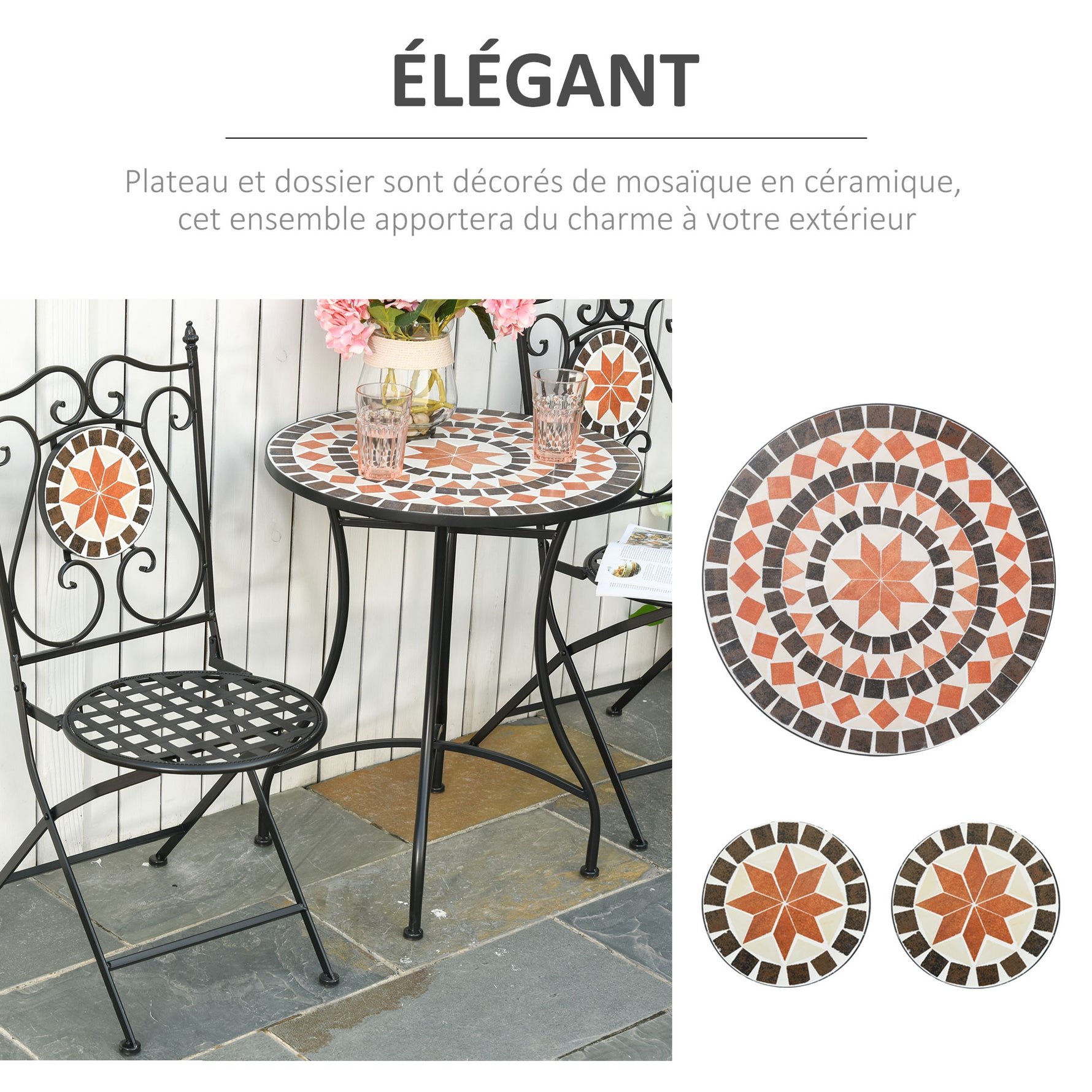 Ensemble Bistro 2 Places 3 pièces Style Fer forgé mosaïque céramique Motif Rose des Vents chaises Pliables