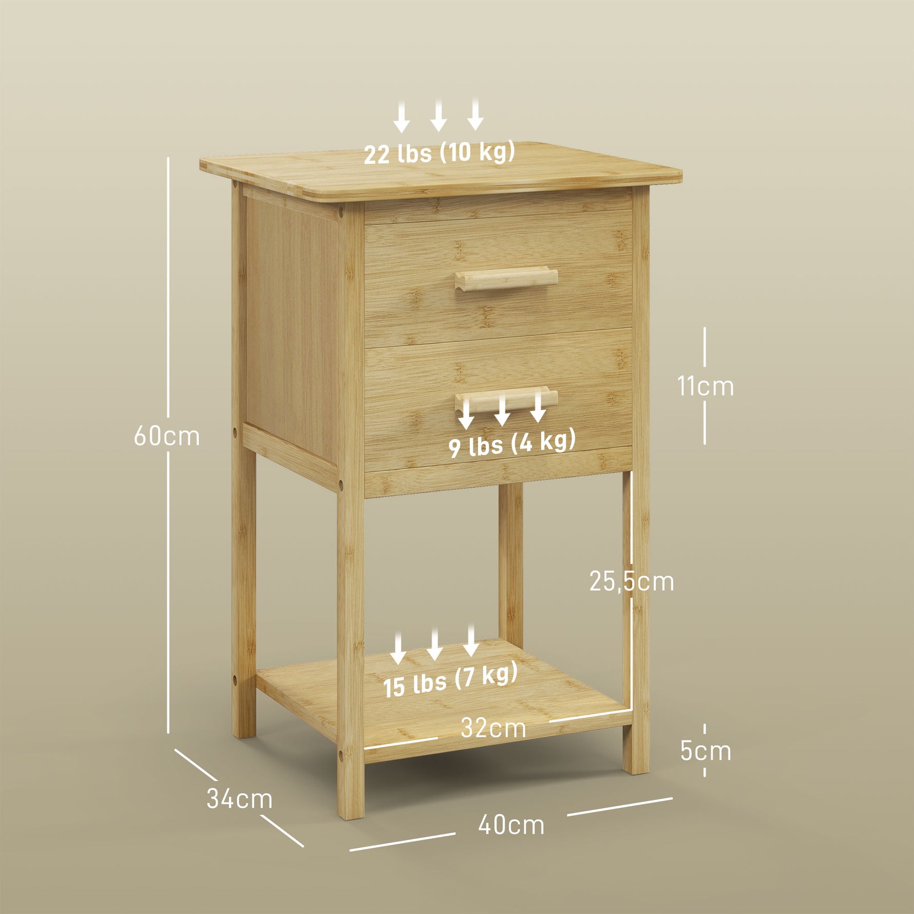 Lot de 2 tables de chevet table de nuit en bambou avec 2 tiroirs et 1 étagère 40 x 34 x 60 cm naturel