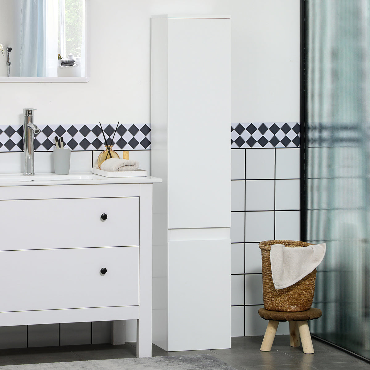 Meuble colonne rangement salle de bain 2 placards 3 étagères réglables style contemporain 30 x 28 x 152,5 cm blanc