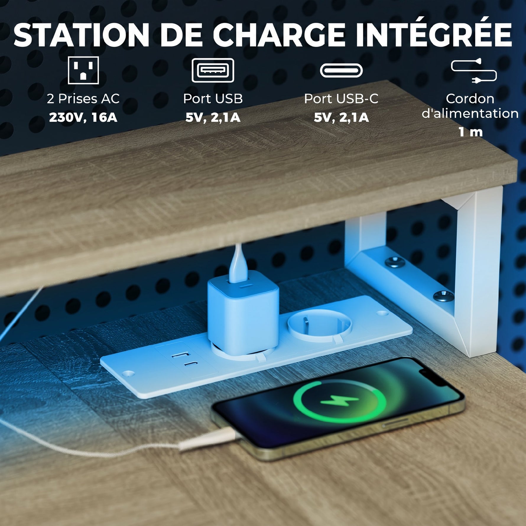 Bureau d'angle avec prises et lumières LED RGB, bureau d'ordinateur, 172 x 100 cm, support d'écran, 2 tiroirs, blanc