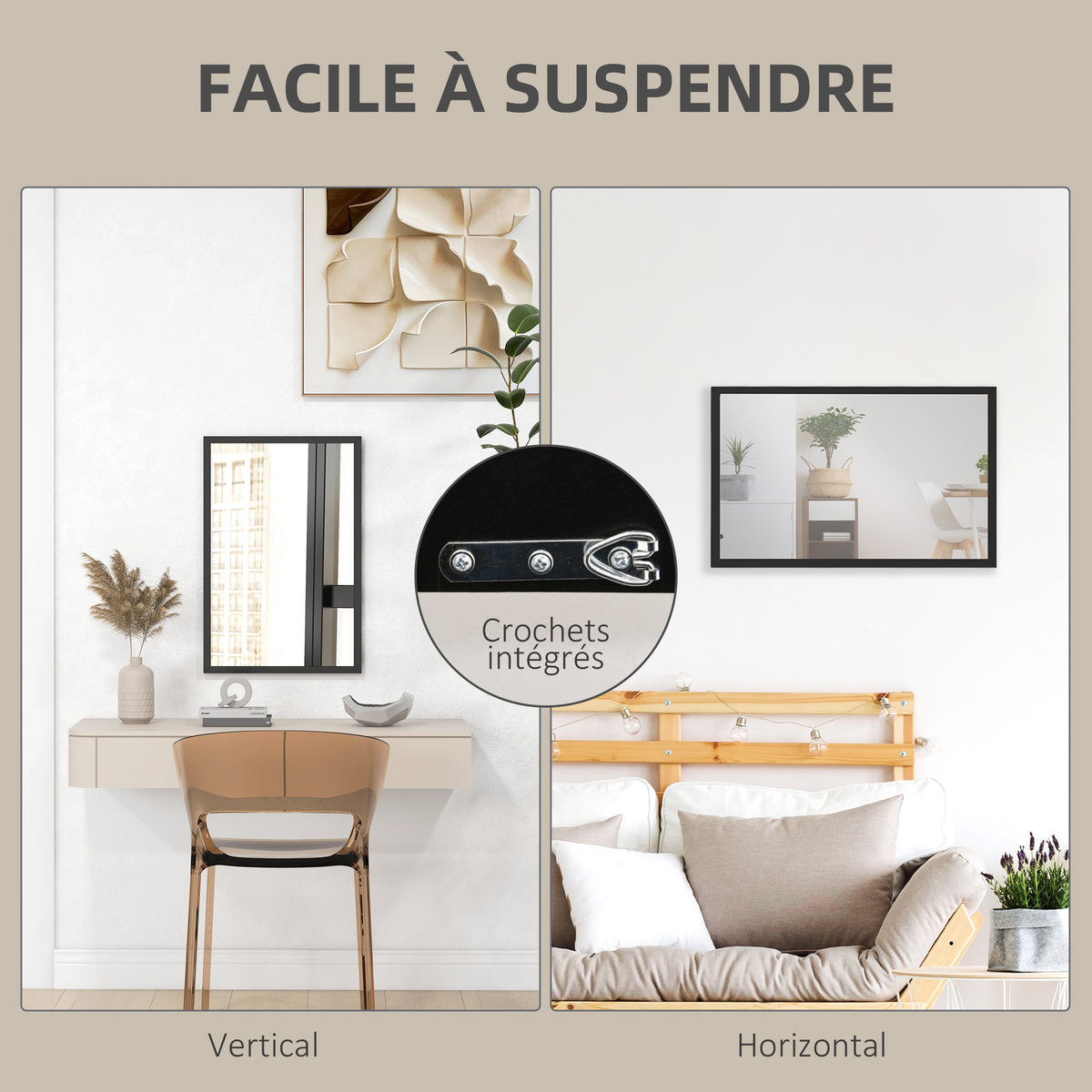 Miroir mural rectangulaire 60 x 40 cm, cadre en bois noir, idéal pour la salle de bain, salon ou chambre