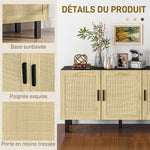 Meuble de rangement avec placards à portes effet cannage, étagères réglables, 136 x 41 x 70 cm, noir et bois naturel