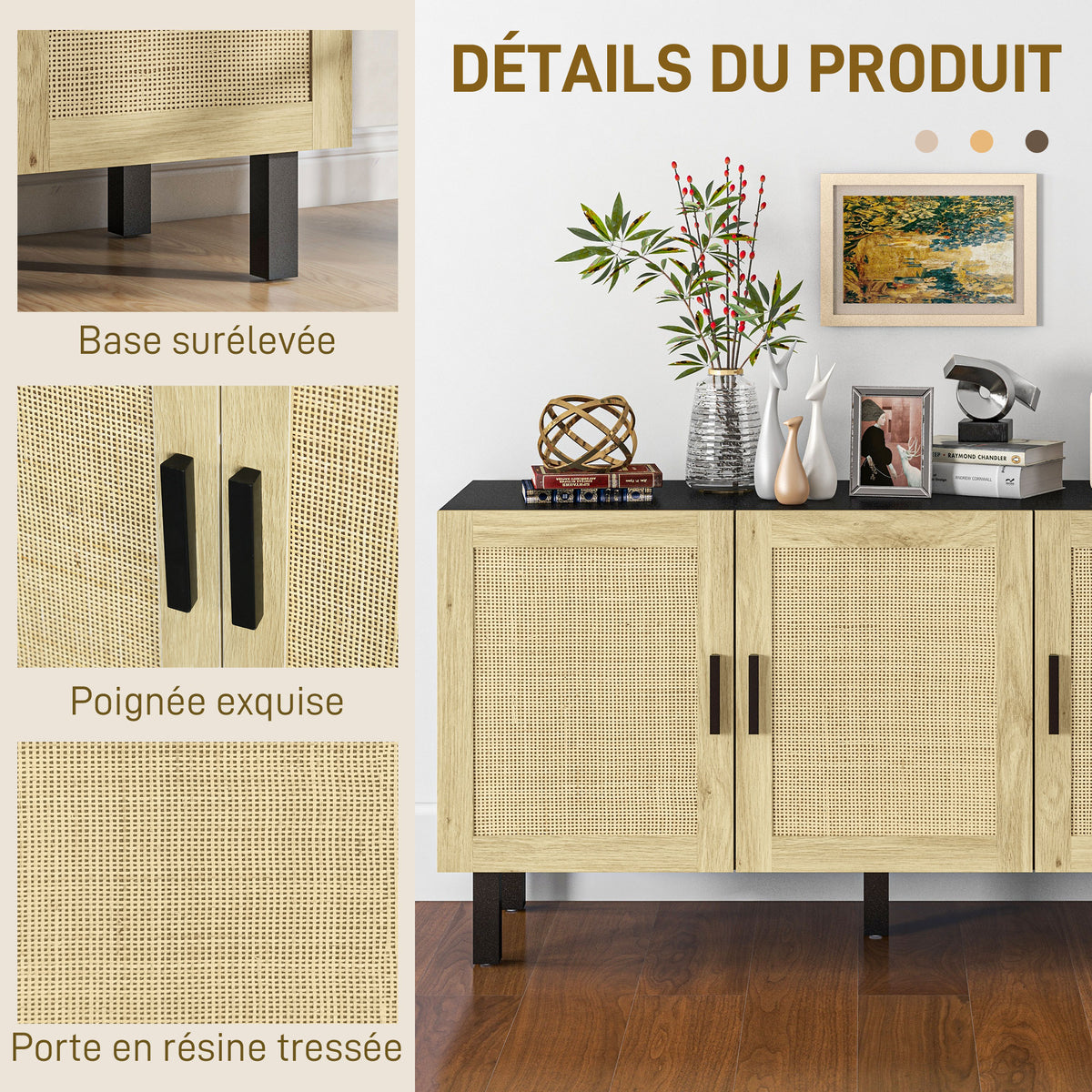 Meuble de rangement avec placards à portes effet cannage, étagères réglables, 136 x 41 x 70 cm, noir et bois naturel