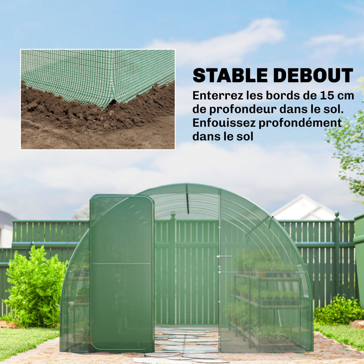 Serre tunnel de jardin 12m², serre de jardin tunnel 295x400x200cm porte et 8 fenêtres, bâche PE 140 g/m² vert