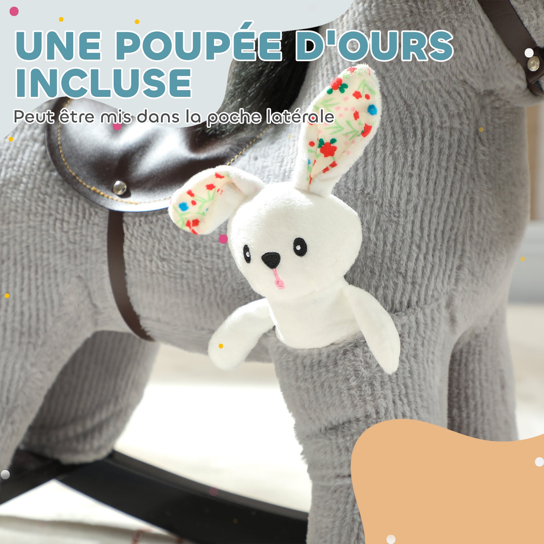 Cheval à bascule pour enfants, jouet à bascule bébé en peluche avec eouetffet sonore et poupée, 71 x 26 x 55 cm, gris