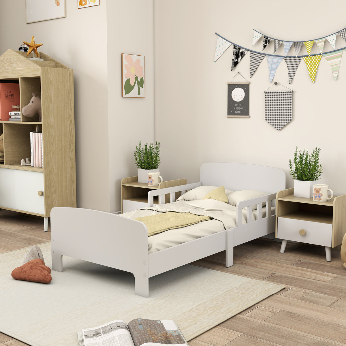 Letto per bambini, letto a terra con barriere di sicurezza, rete a doghe rialzata e struttura robusta, 143,5 x 74,2 x 54 cm, bianco