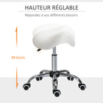 Tabouret à roulettes, tabouret de massage avec hauteur réglable 49-61 cm et selle ergonomique, chaise de travail à roulettes pivotant 360°, pour salon de massage tatouage clinique spa, blanc