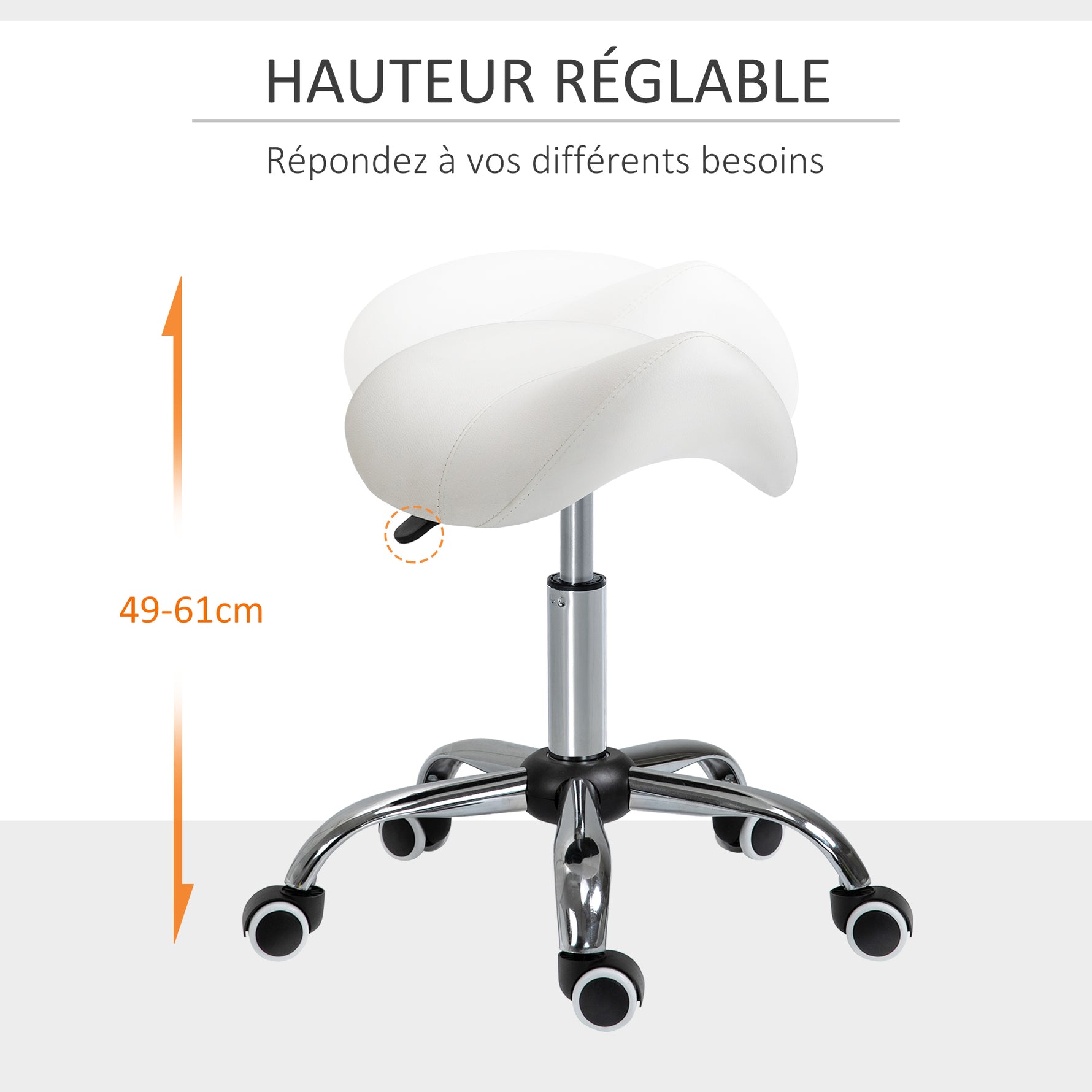 Tabouret à roulettes, tabouret de massage avec hauteur réglable 49-61 cm et selle ergonomique, chaise de travail à roulettes pivotant 360°, pour salon de massage tatouage clinique spa, blanc