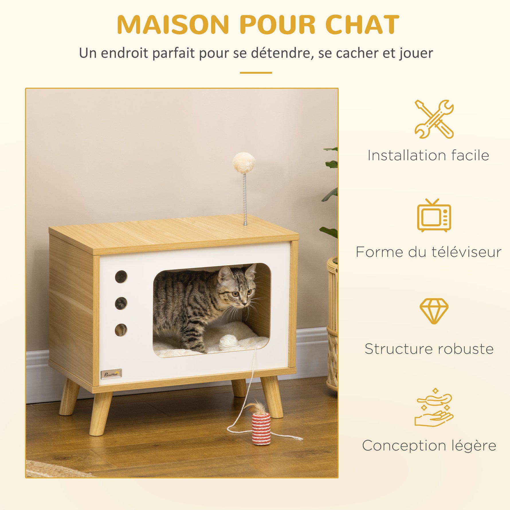 Maison niche pour chat forme de tv avec coussin douillet et balle rebondissante - 50 x 28 x 43 cm