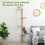Étagères Murales pour Chat 180 cm, 4 Plateformes d'Escalade, Poteau à Griffer en Jute et Jouet Suspendu, Gris Clair