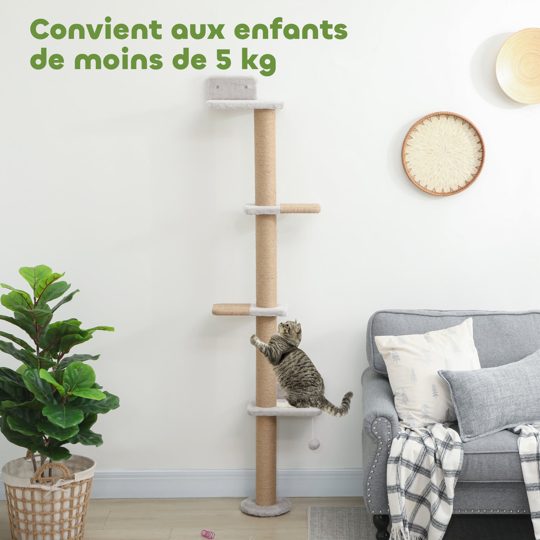 Étagères Murales pour Chat 180 cm, 4 Plateformes d'Escalade, Poteau à Griffer en Jute et Jouet Suspendu, Gris Clair