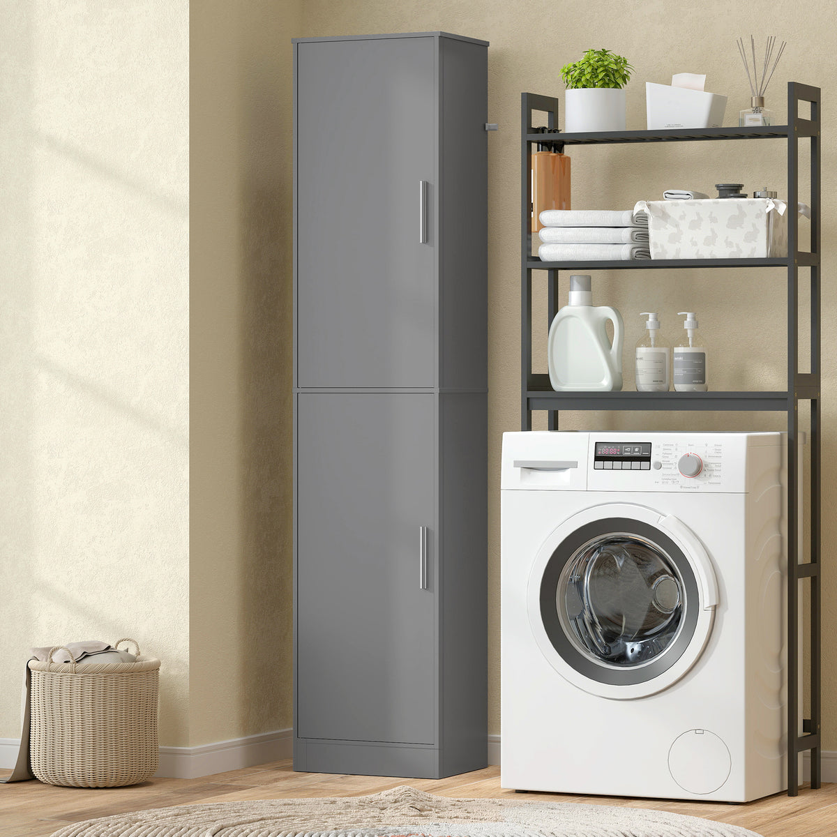Mobile colonna per bagno con 2 ante e 4 ripiani regolabili, 40 x 35 x 180 cm, grigio