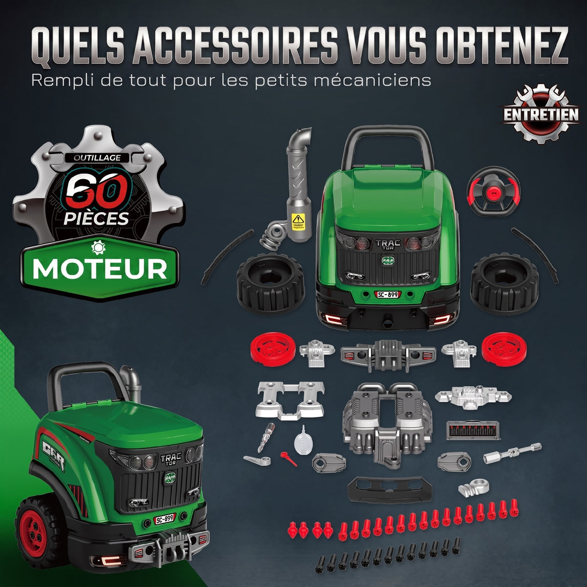 Giocattolo Motore di Camion per Bambini, Camion Meccanico, Volante con Effetto Nebbia, Suoni e Luci per 3-6 Anni, Verde