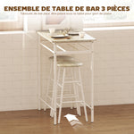 Ensemble table de bar avec tabourets, table à manger debout avec 2 chaises, étagère et pieds en métal, 80x50x90cm, blanc