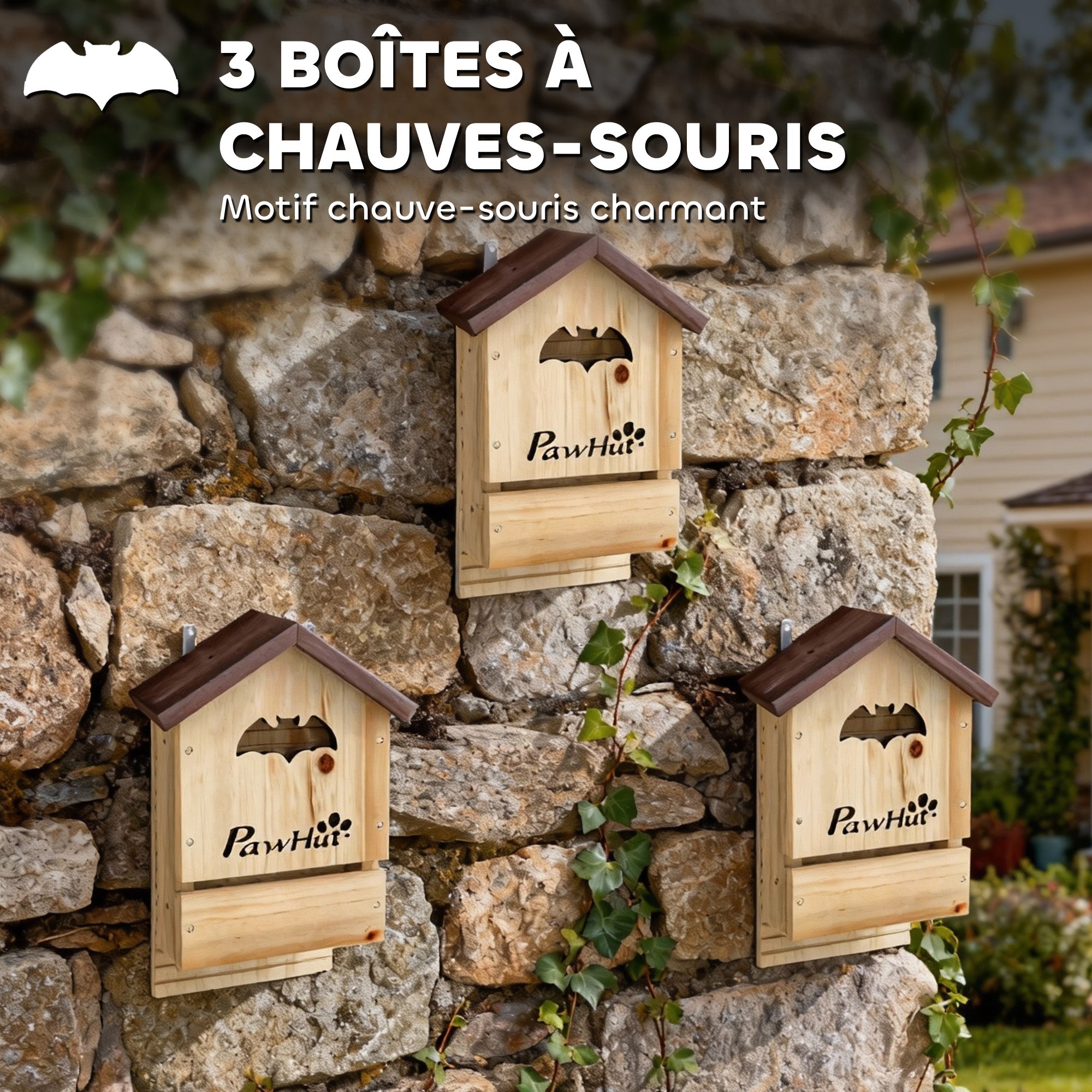 Set of 3 Wooden Bat Boxes bat shelter 23 x 9.5 x 36.5 cm natural wood effect